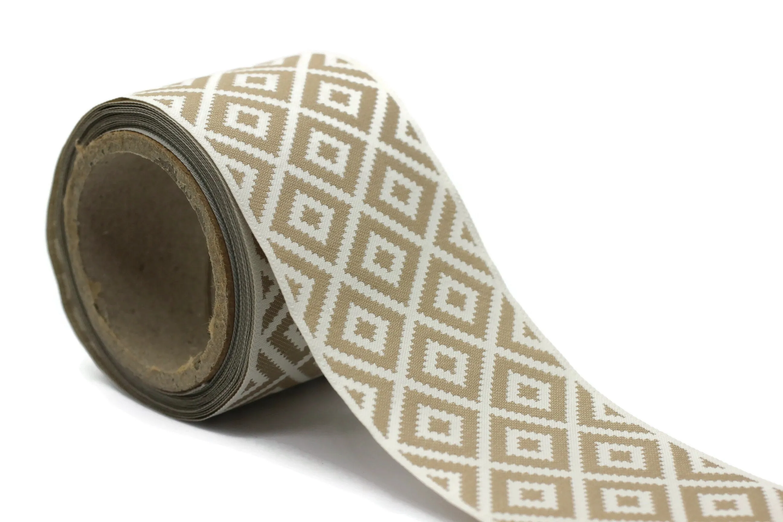 100mm Beige&Cream Mosaic Ribbon for Drapery Banding (3.93 inch), Jacquard Trim, Drapery Banding Tape, Curtain Making Fabric Drape 194 V3