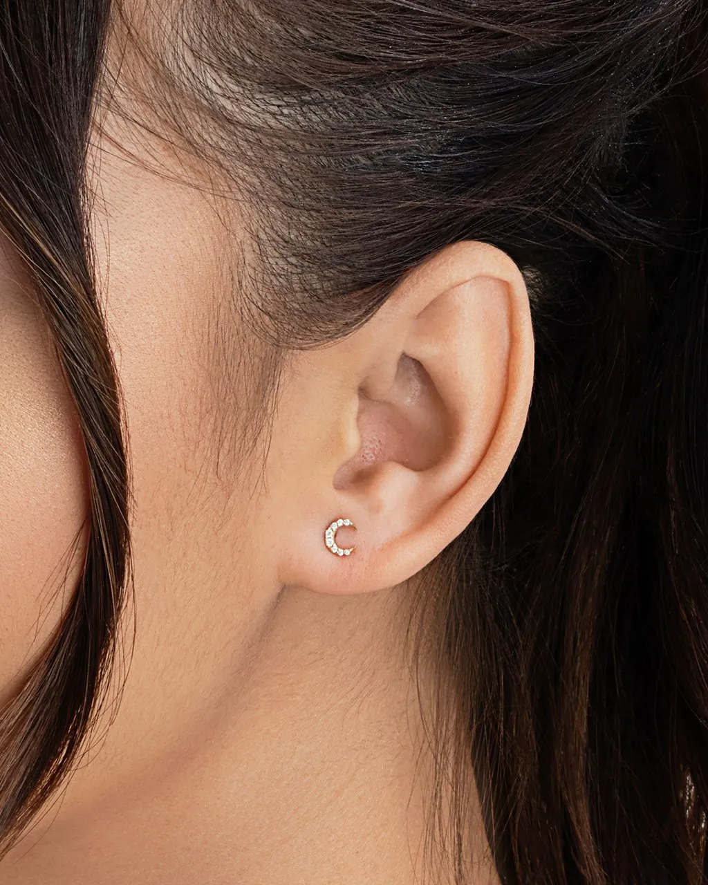 14K Gold Diamond Crescent Stud Earrings