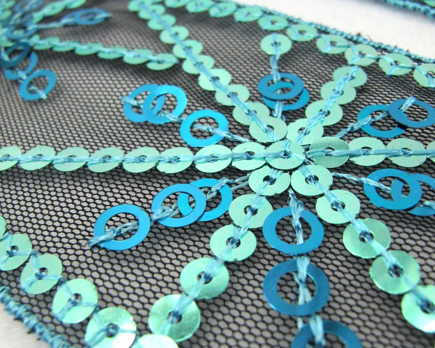 2 1/2 Inches Bright Blue Sequined and Thread Edged Embroidered Ribbon Trim|Beaded Embroidered Trim|Black Trim|Craft Supplies|Scrapbooking