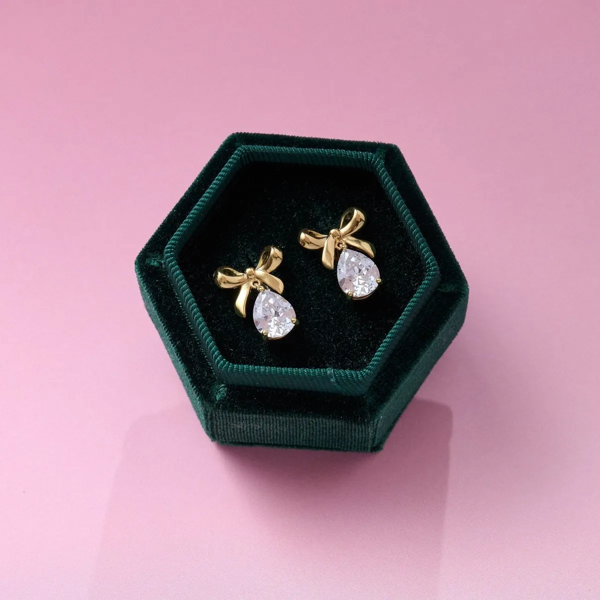 Amelia Bow Studs Clear CZ Teardrop and Gold