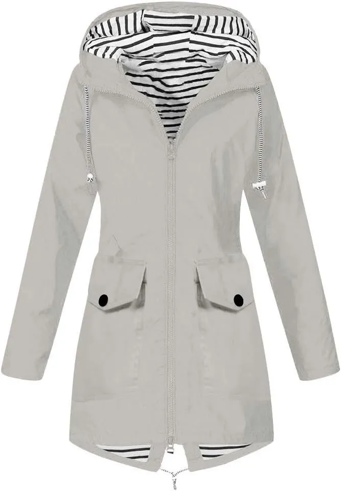 Aniywn Hooded Jacket Women Fall Solid Rain Jacket Outdoor Raincoat Windproof Plus Size Zipper Waterproof Outerwear Tops