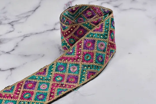 Beautiful Multi-Color Embroidered Trim | Multi-Color Trim by the Yard | High-Quality Multi-Color Trim | Beaded Multi Color Trim I 2.25"