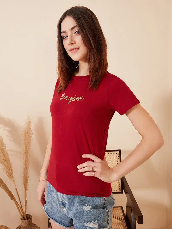 Berrylush Women Solid Red Round Neck Short Sleeves Logo Embroidered Regular T-Shirt