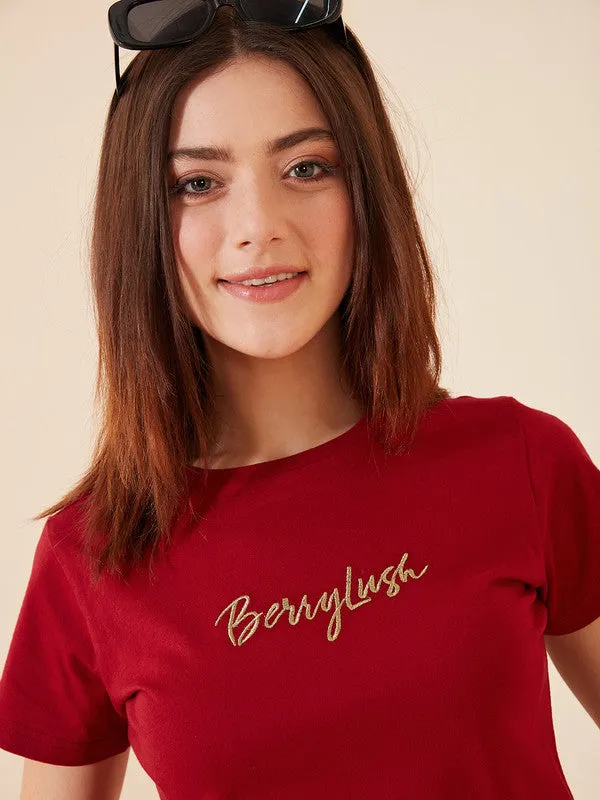 Berrylush Women Solid Red Round Neck Short Sleeves Logo Embroidered Regular T-Shirt