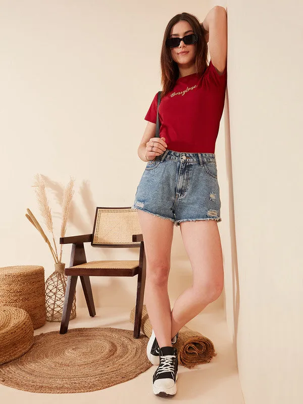 Berrylush Women Solid Red Round Neck Short Sleeves Logo Embroidered Regular T-Shirt