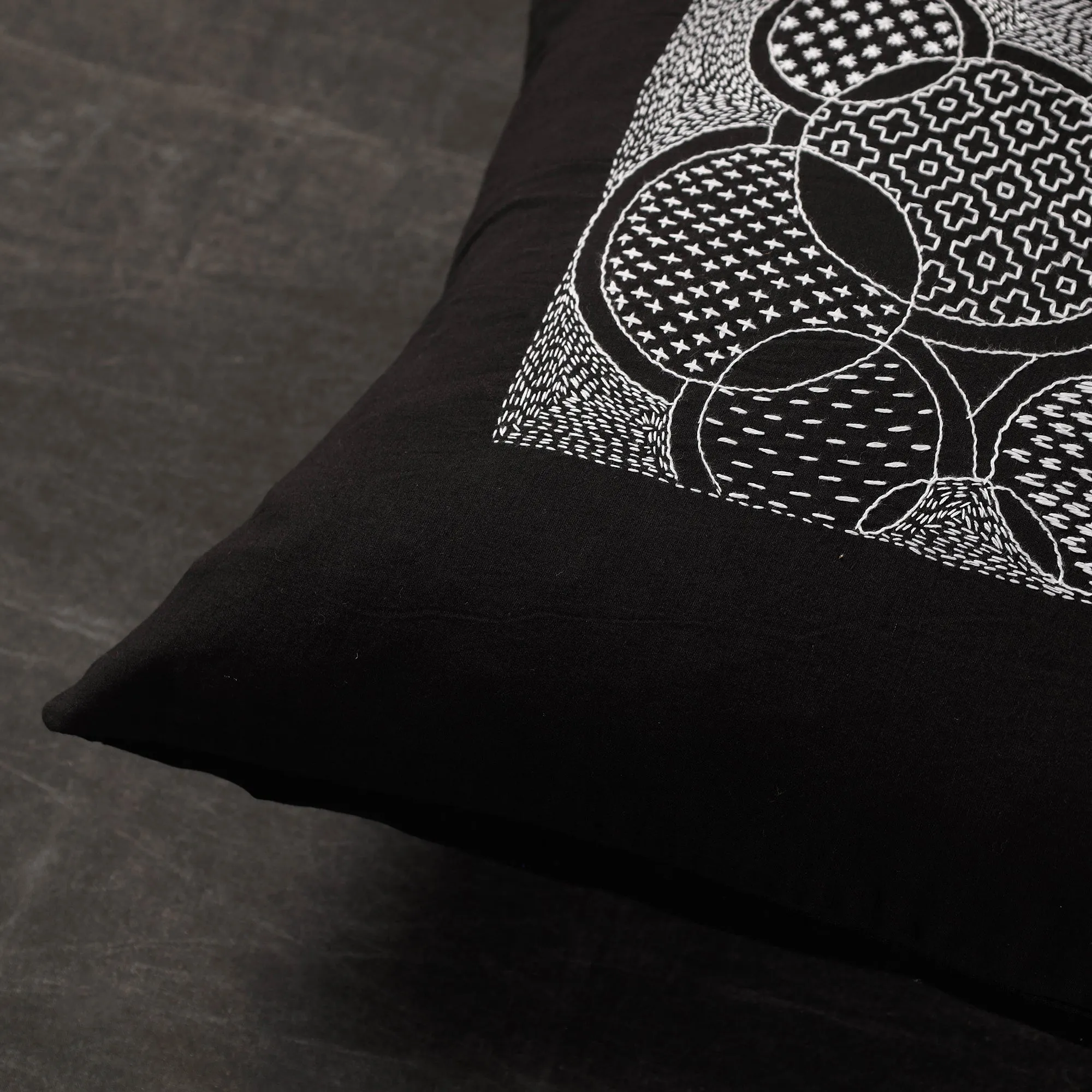 Black - Sashiko - Kantha Embroidery Handloom Cotton Cushion Cover -  (16 x 16 in)