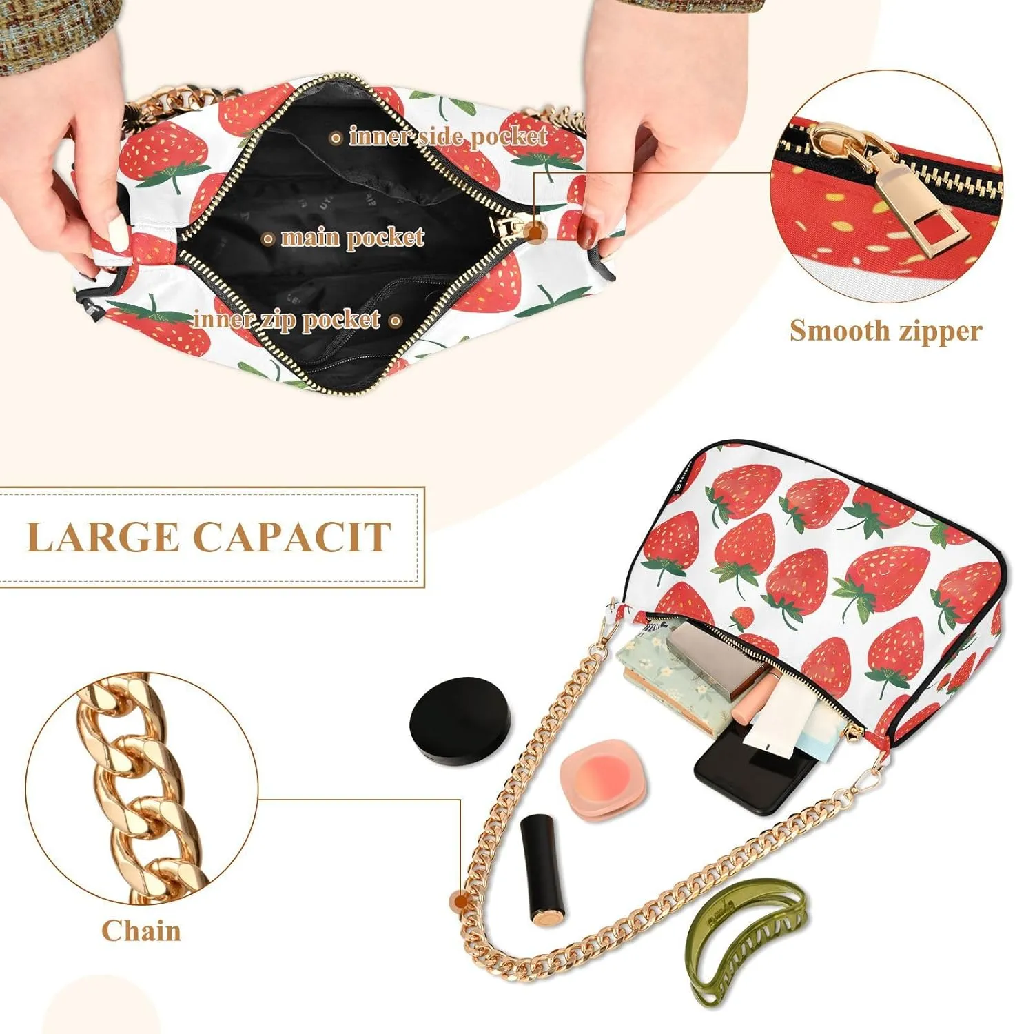 Chain Shoulder Bag Hobo Tote Handbag Mini Clutch Purse with Zipper Closure for Women