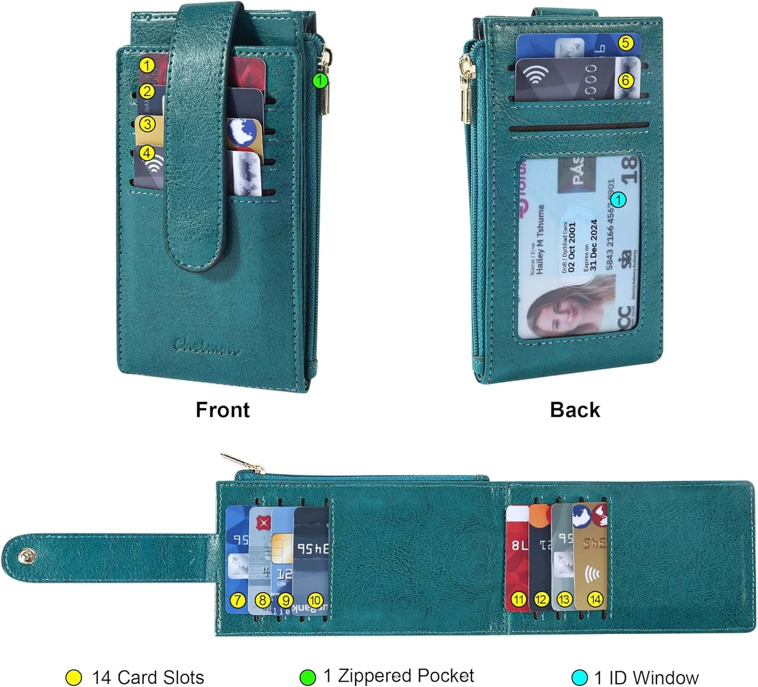 Chelmon Womens Wallet Slim RFID Blocking Bifold Multi Card Case Wallet with Zipper Pocket (Peacock Blue)