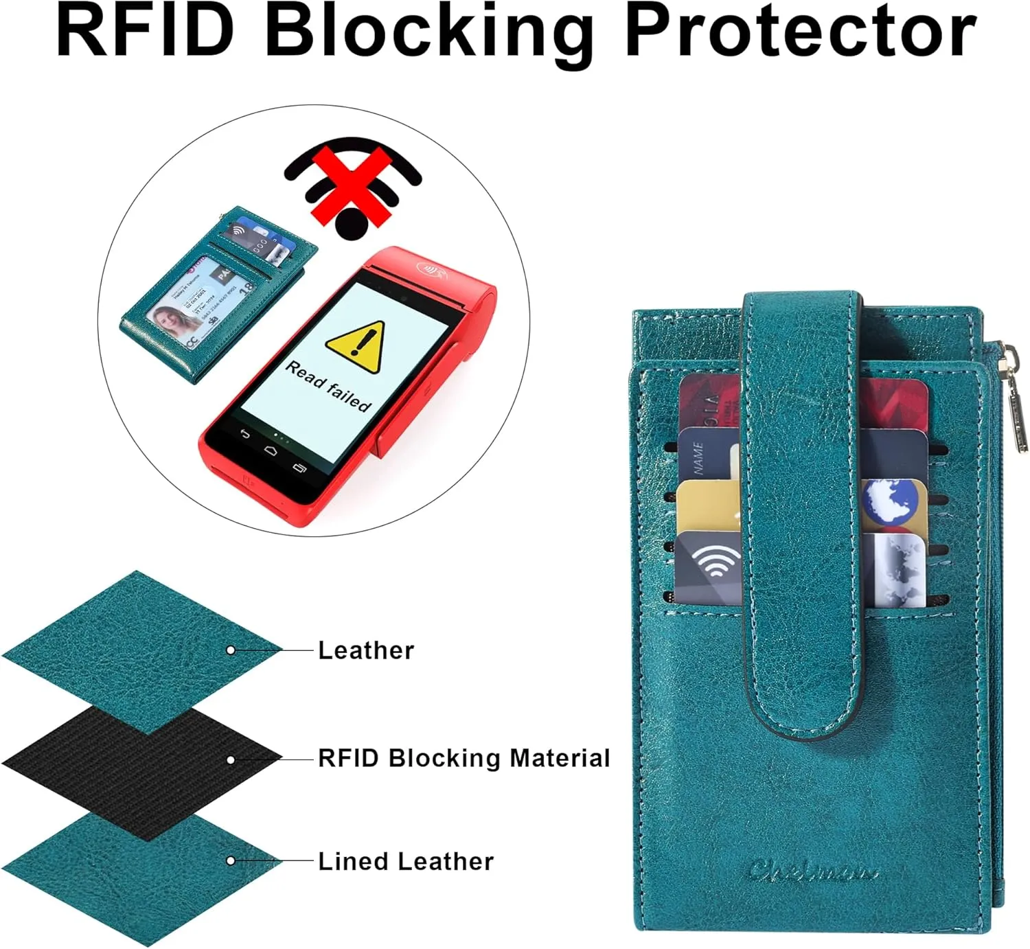 Chelmon Womens Wallet Slim RFID Blocking Bifold Multi Card Case Wallet with Zipper Pocket (Peacock Blue)