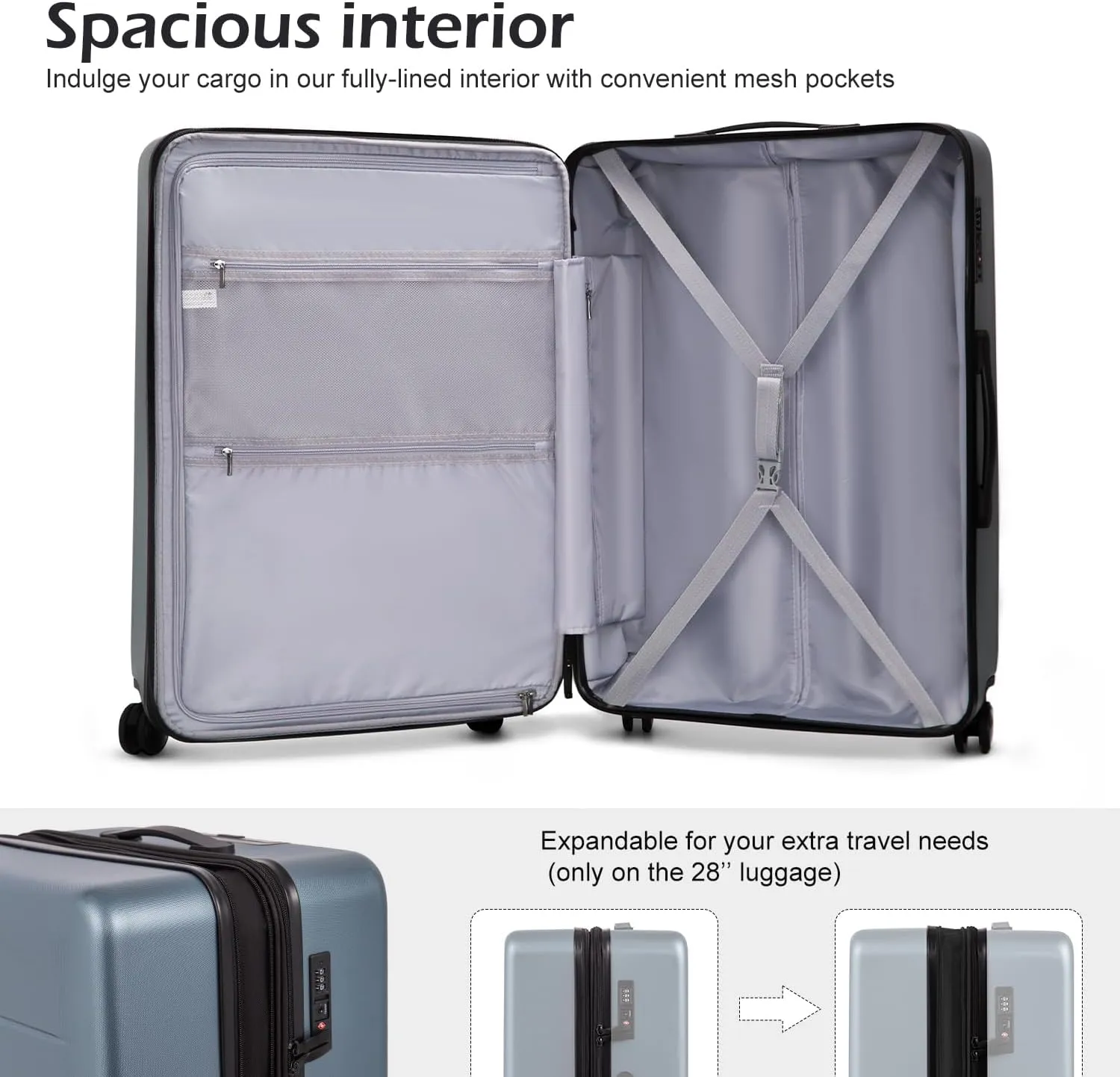 COOLIFE Luggage Suitcase Piece Carry On ABS PC Spinner Trolley with pocket Compartmnet(Titanium gray, 20in(carry on))