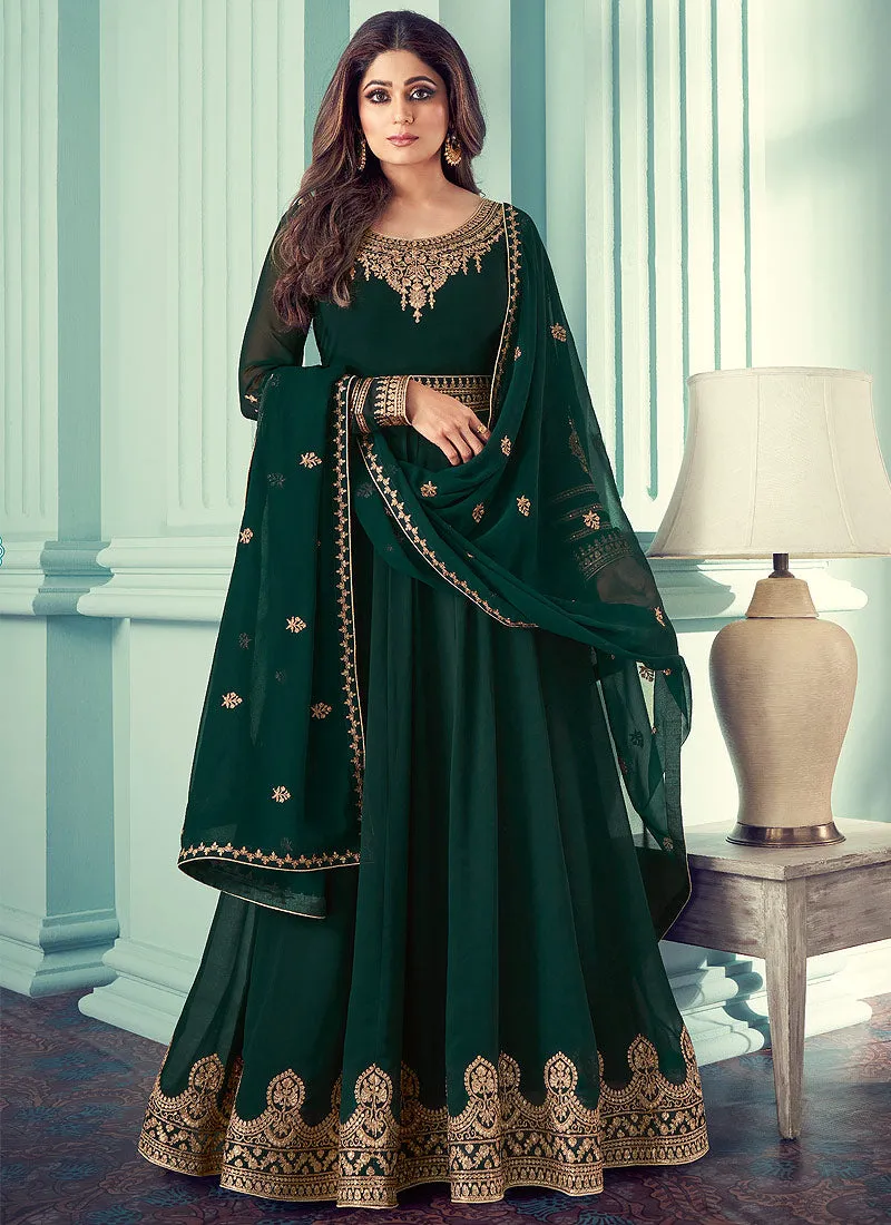 Dark Green And Gold Embroidered Anarkali