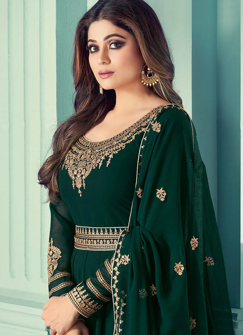 Dark Green And Gold Embroidered Anarkali
