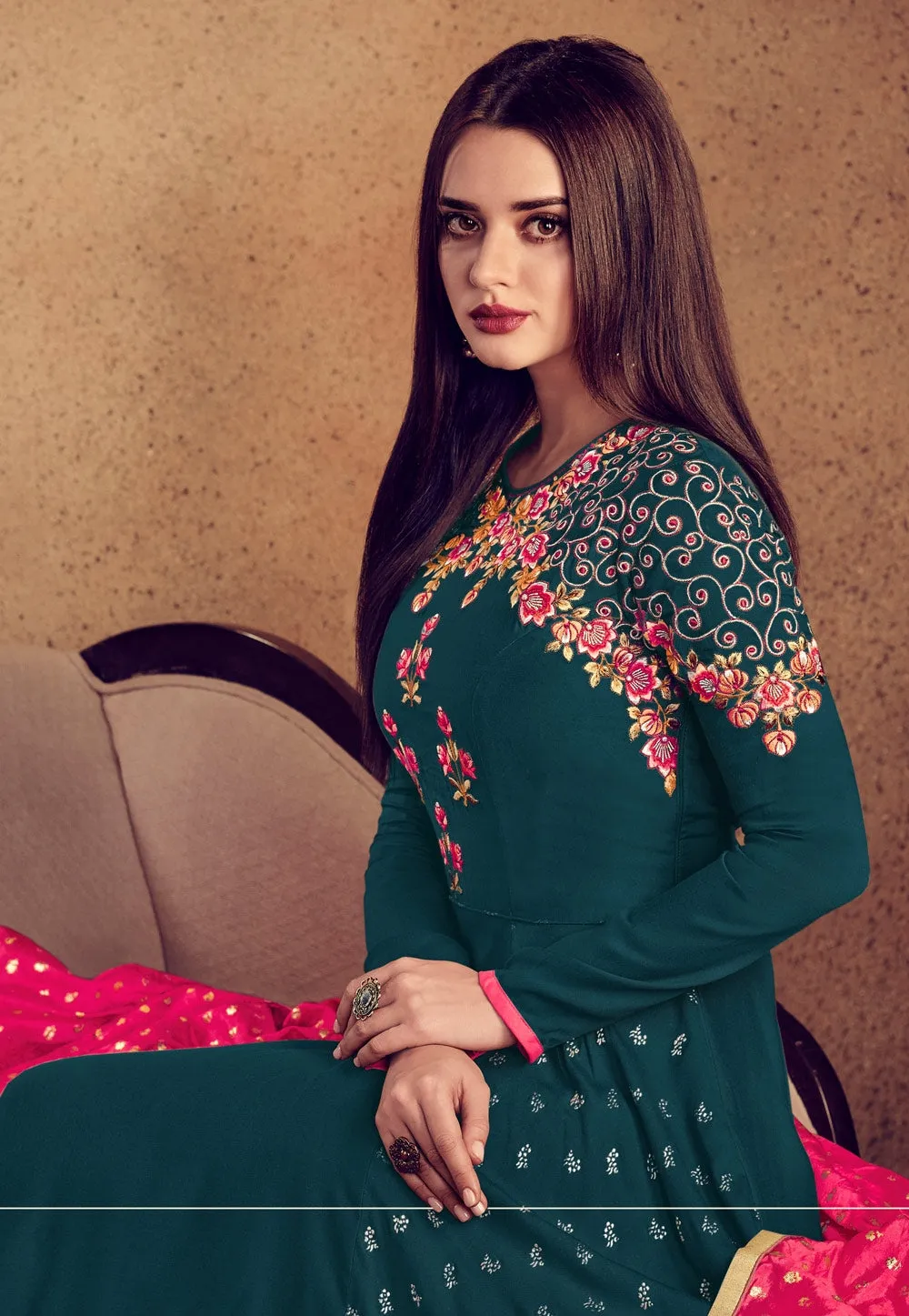 Dark Green And Pink Embellished Anarkali Suit