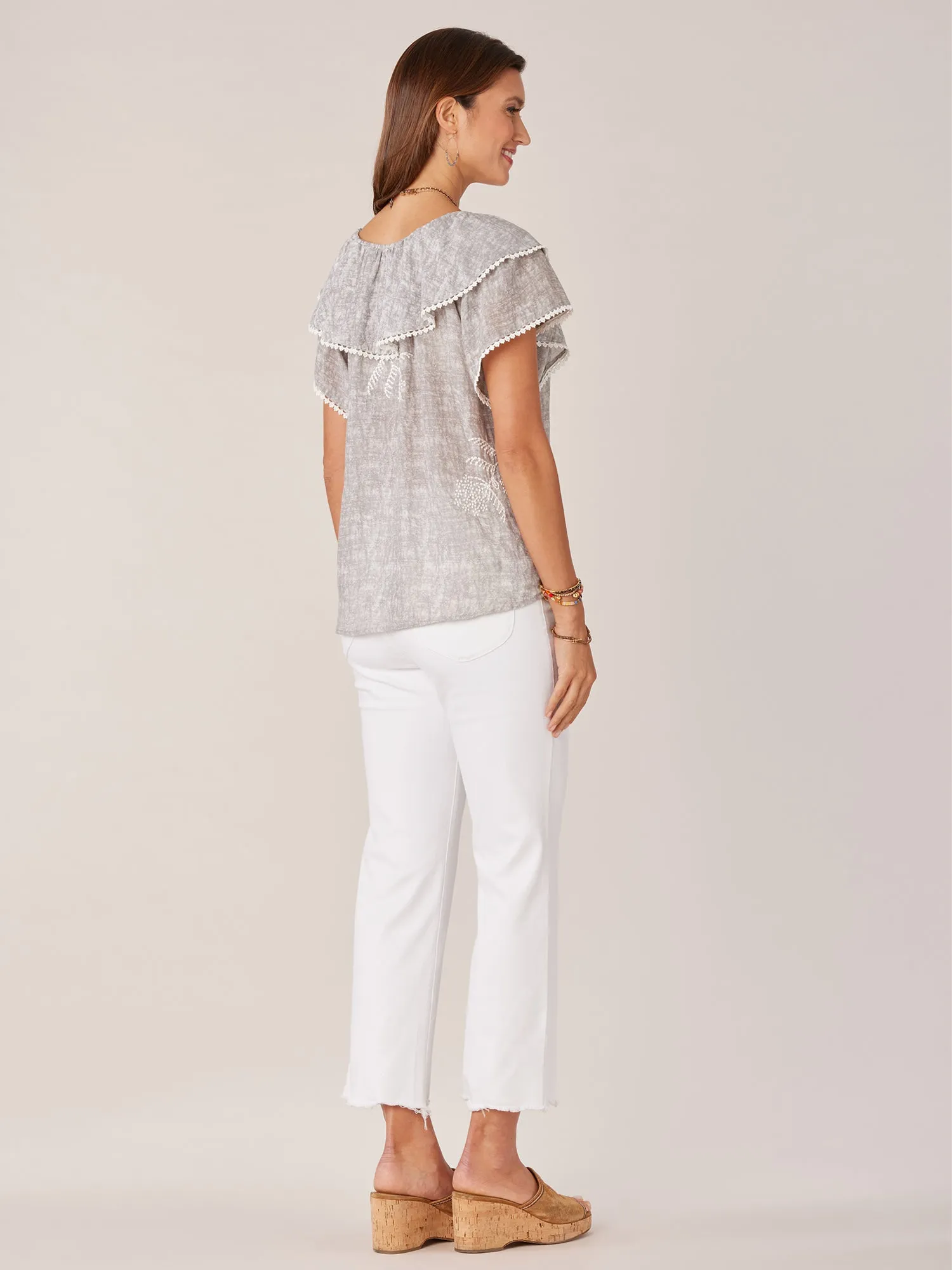 Double Layer Short Flounce Sleeve Round Neck Embroidered Woven Top