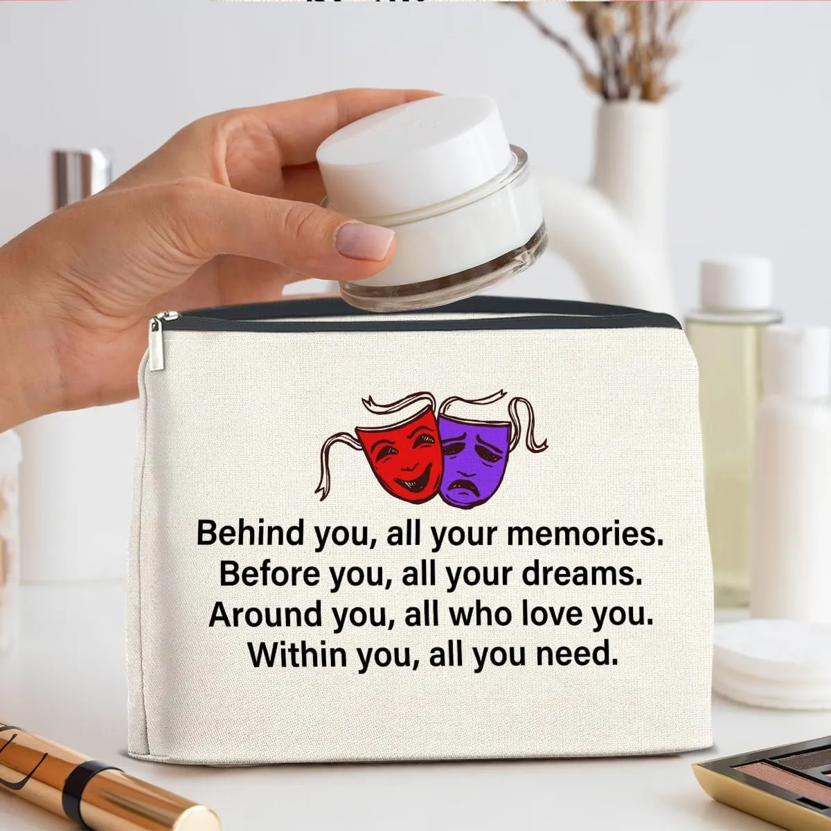 Drama Gifts Makeup Bag Theater Graduation Gifts for Women Students Performer Cosmetic Bag Behind You All Your Memories Zipper Makeup Pouch Gift