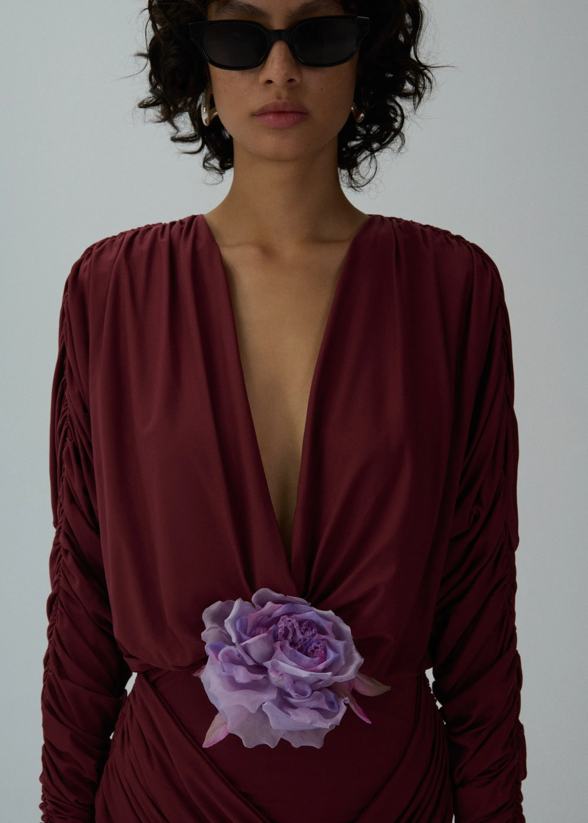 Draped V-neck mini dress in bordeaux