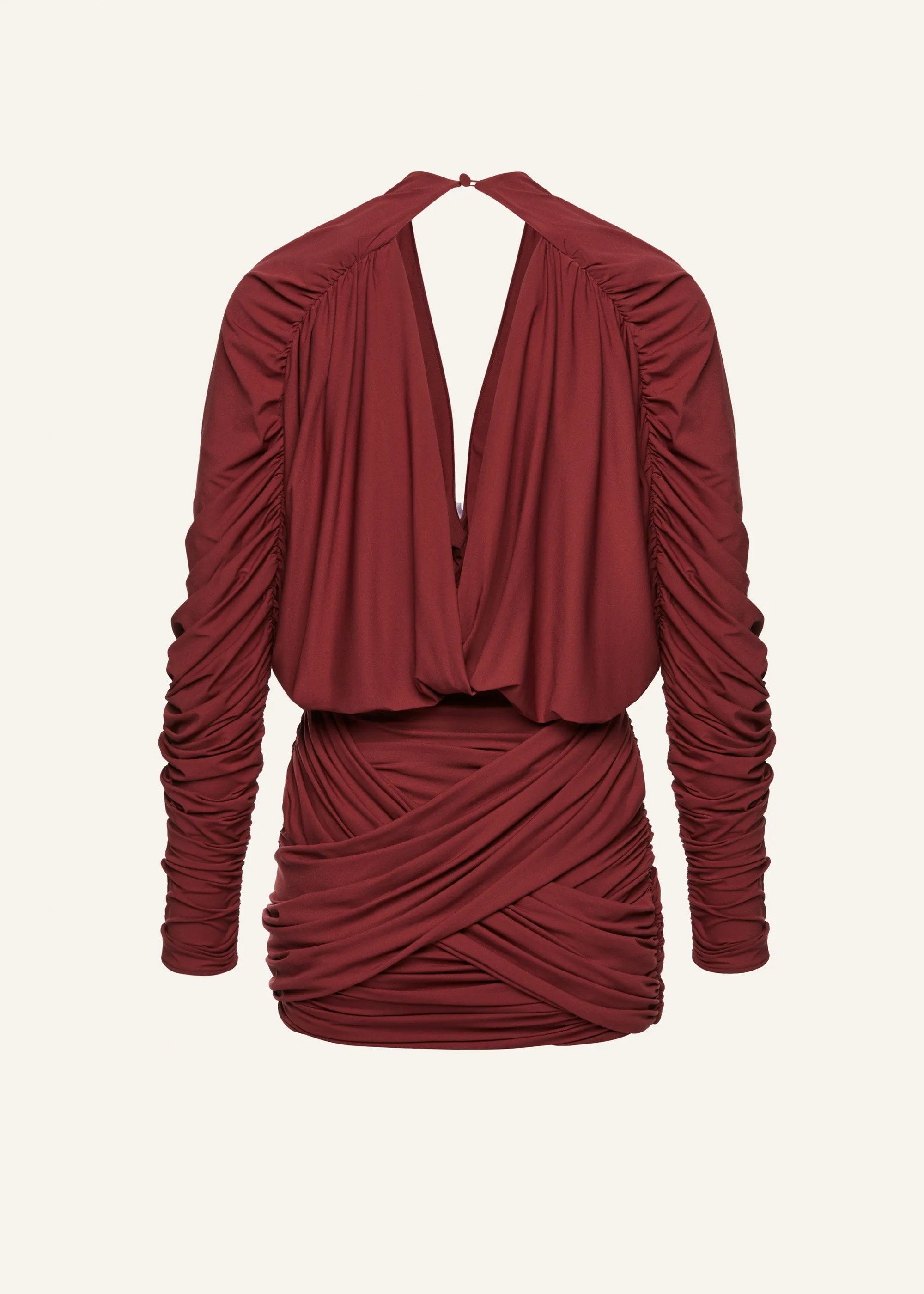Draped V-neck mini dress in bordeaux