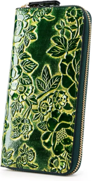 Embossed Wallets for Women Vintage Womens Wallets Floral PU Leather Zipper Card Holder Phone Checkbook Organizer(Green J6109)