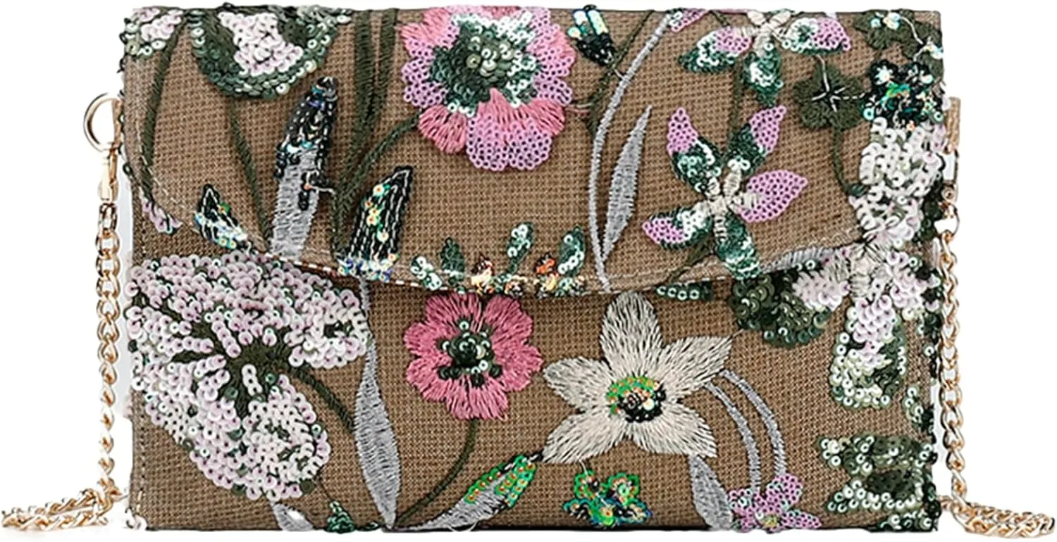 Embroidered Sequin Shoulder Handbag Women Summer Floral Chain Crossbody Tote Evening Clutch Purse Envelope Boho