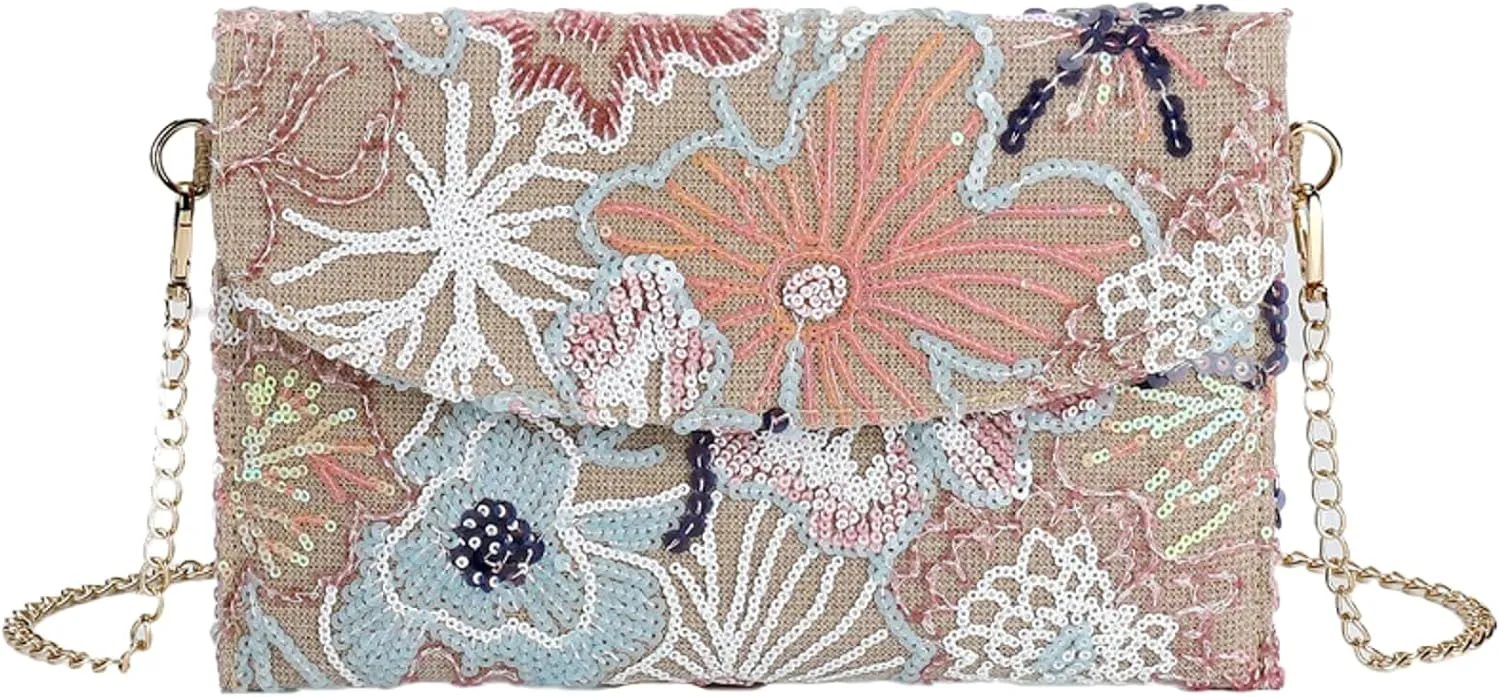 Embroidered Sequin Shoulder Handbag Women Summer Floral Chain Crossbody Tote Evening Clutch Purse Envelope Boho