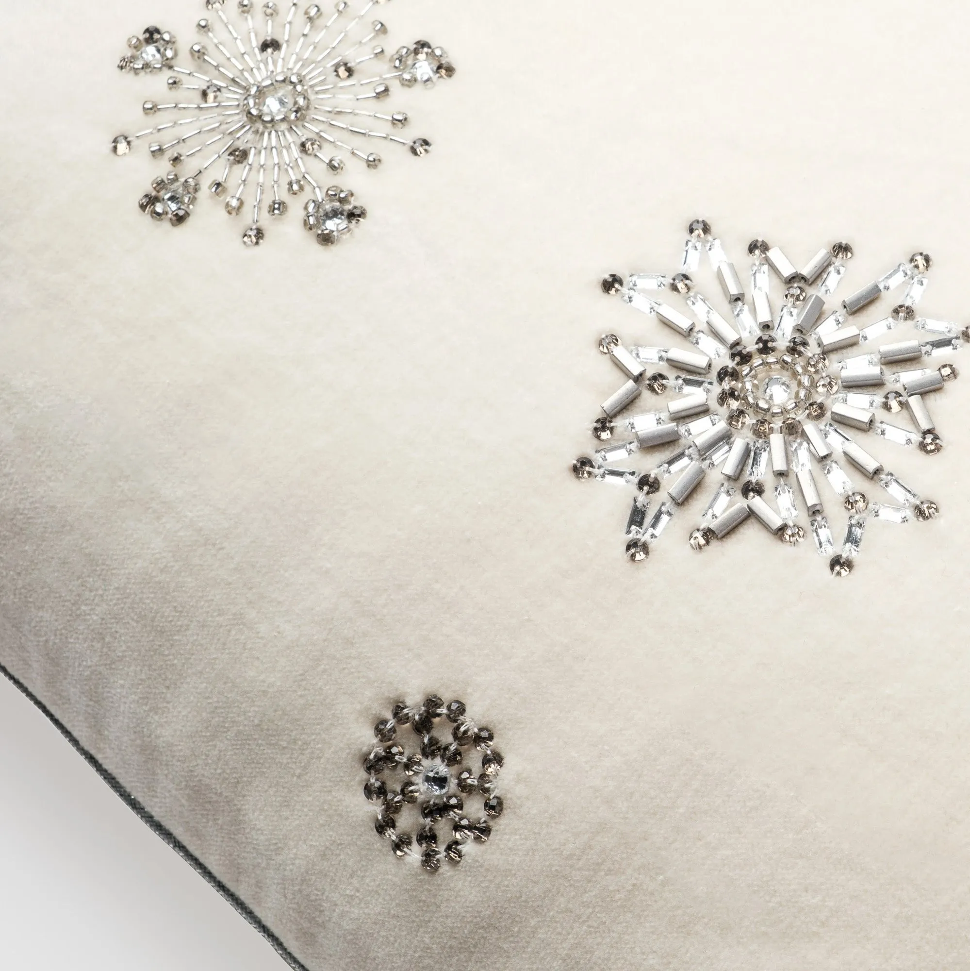Embroidered snowflake pillow cover,  cream cotton velvet