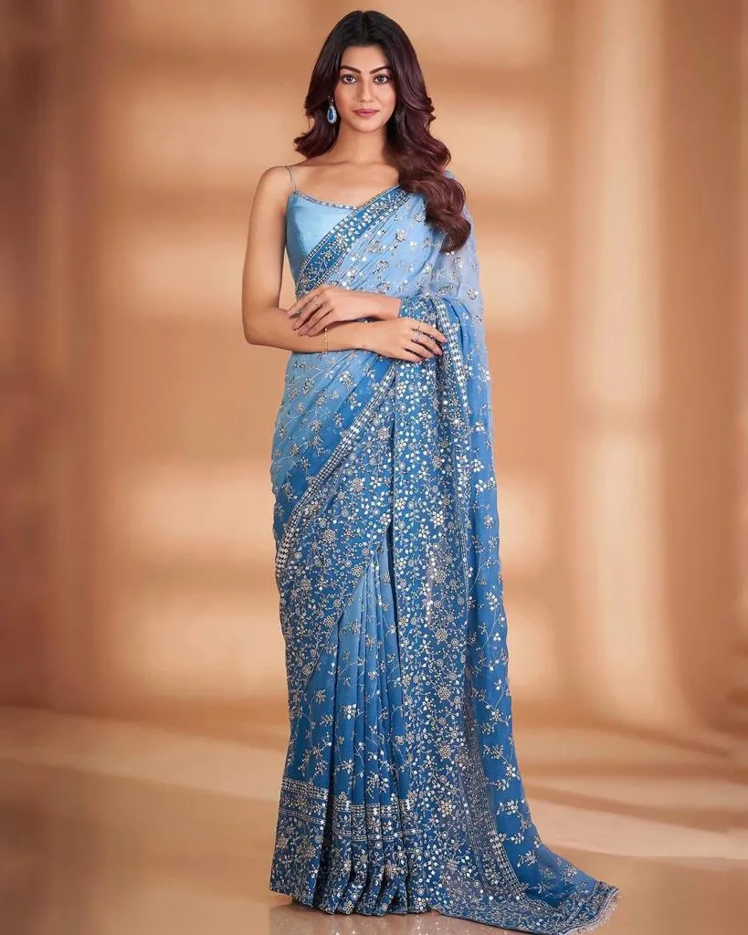 Exquisite Blue Embroidered Saree: Luxury Georgette with Heavy Sequins & Lace