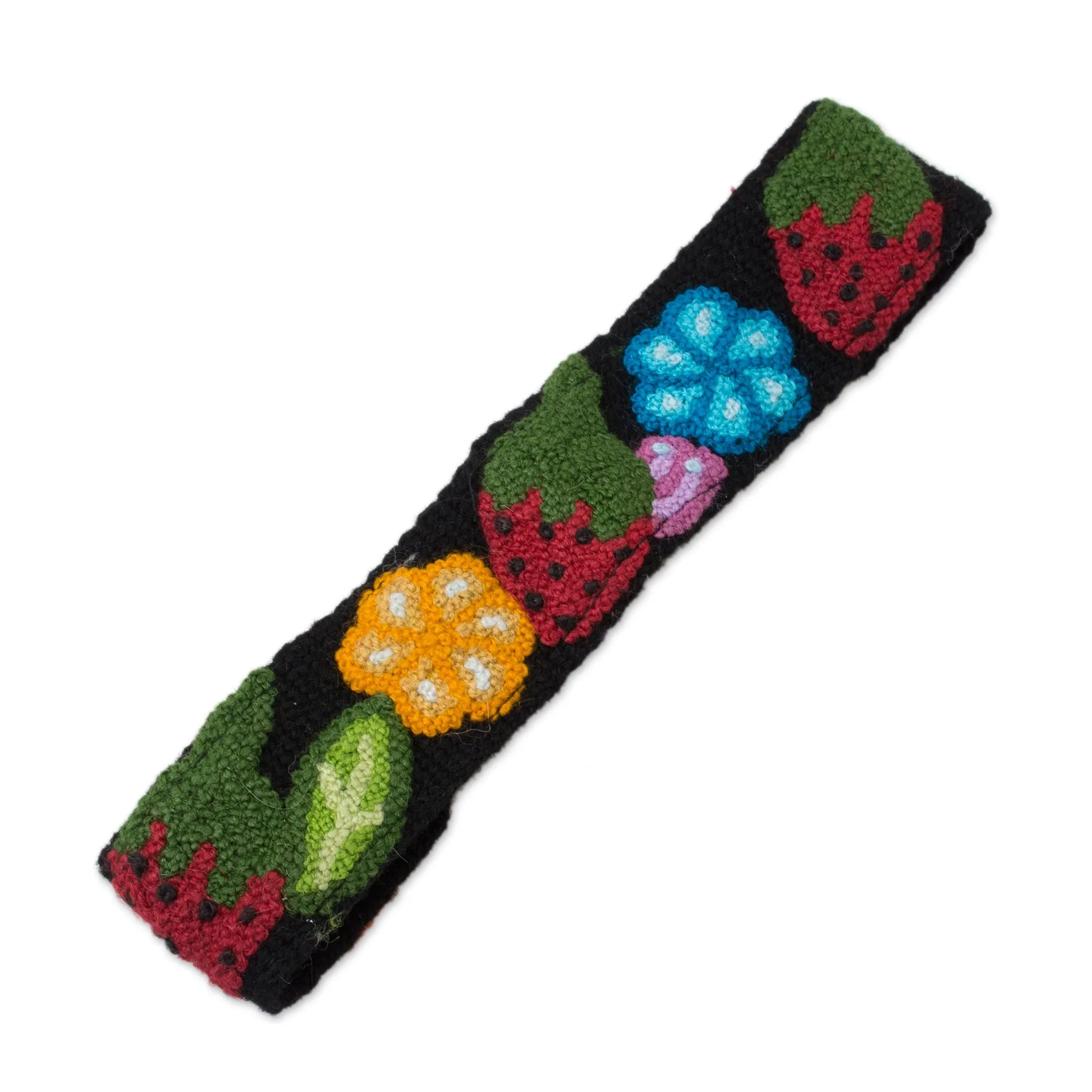 Floral and Strawberry Pattern Wool Headband from Peru - Flowers and Strawberries | NOVICA