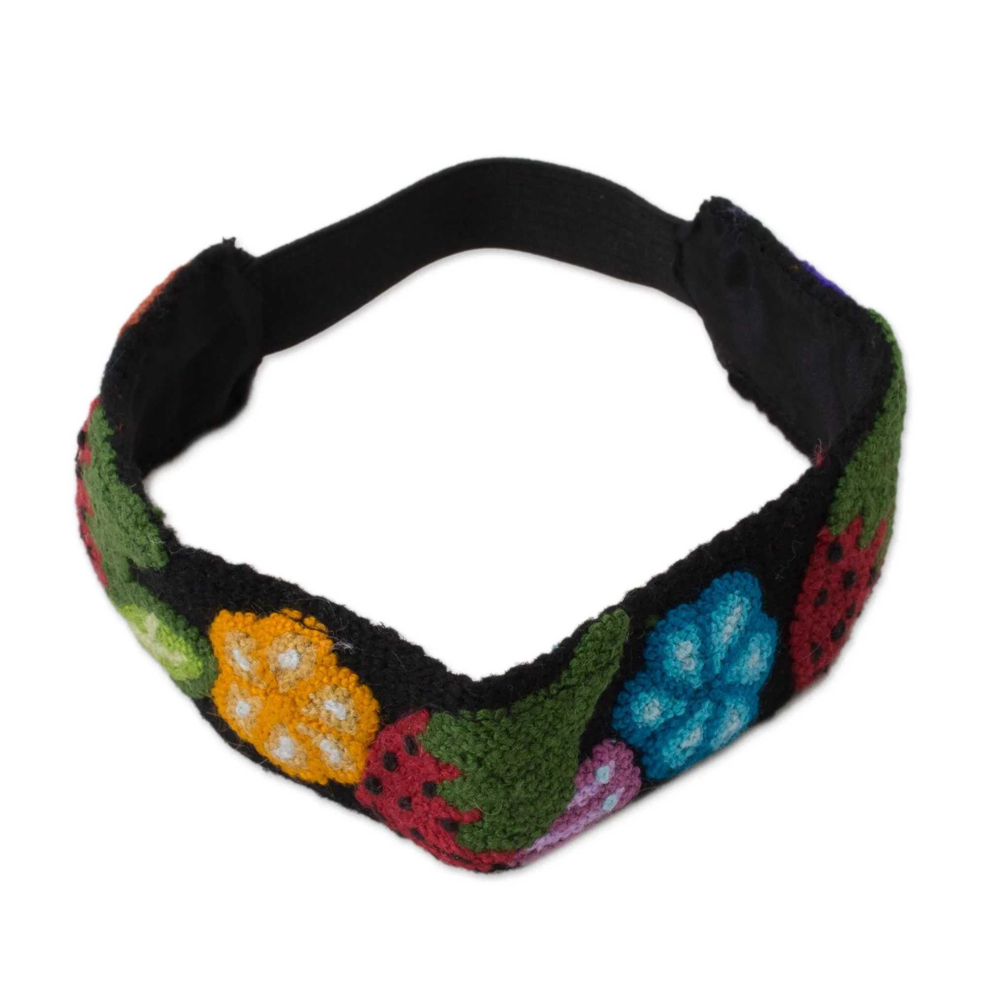 Floral and Strawberry Pattern Wool Headband from Peru - Flowers and Strawberries | NOVICA