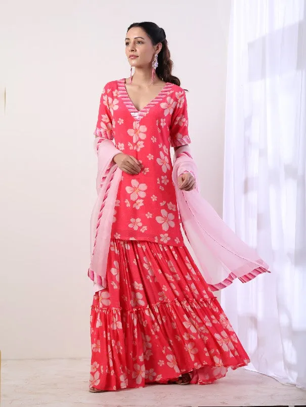 Fuschia Printed Tiered Sharara Set (set of 3)