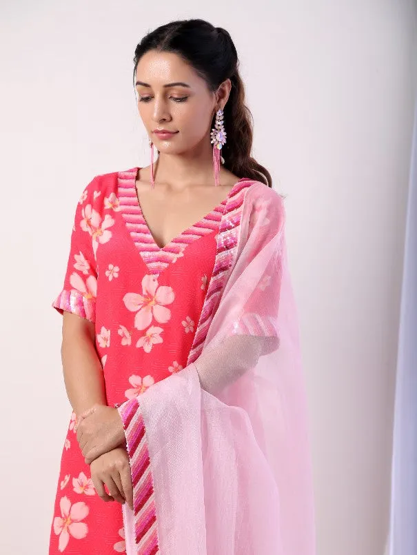 Fuschia Printed Tiered Sharara Set (set of 3)