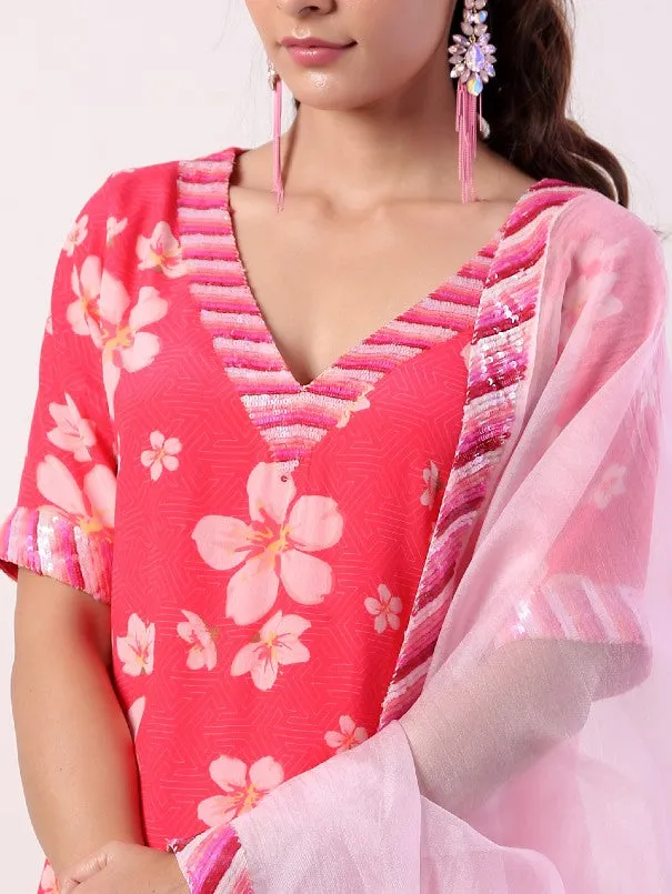 Fuschia Printed Tiered Sharara Set (set of 3)