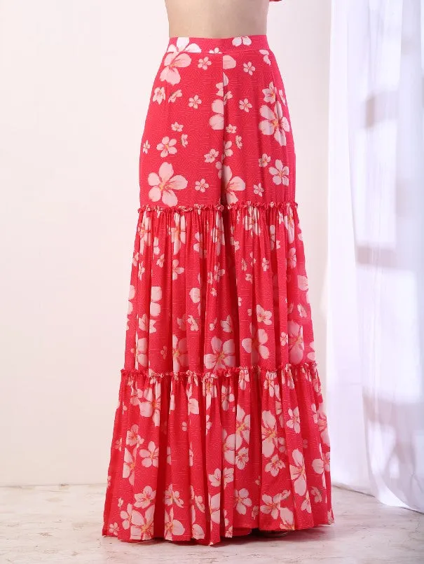 Fuschia Printed Tiered Sharara Set (set of 3)