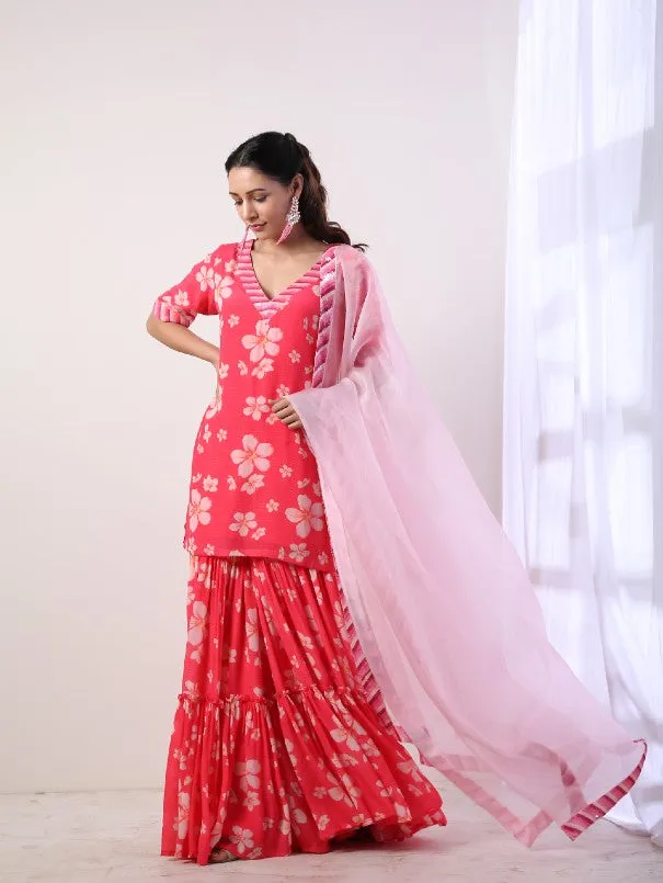 Fuschia Printed Tiered Sharara Set (set of 3)