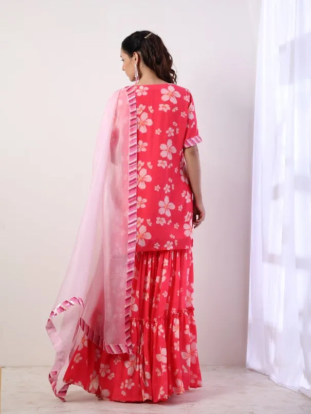 Fuschia Printed Tiered Sharara Set (set of 3)