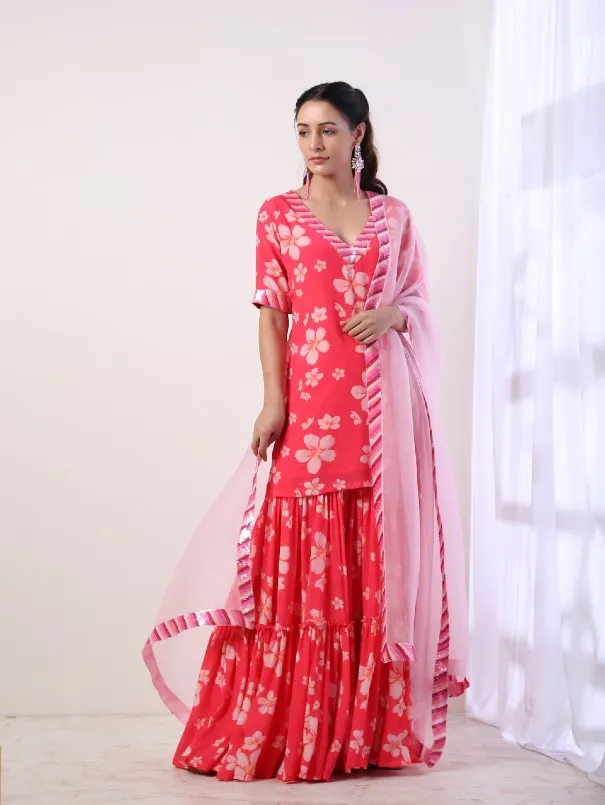 Fuschia Printed Tiered Sharara Set (set of 3)