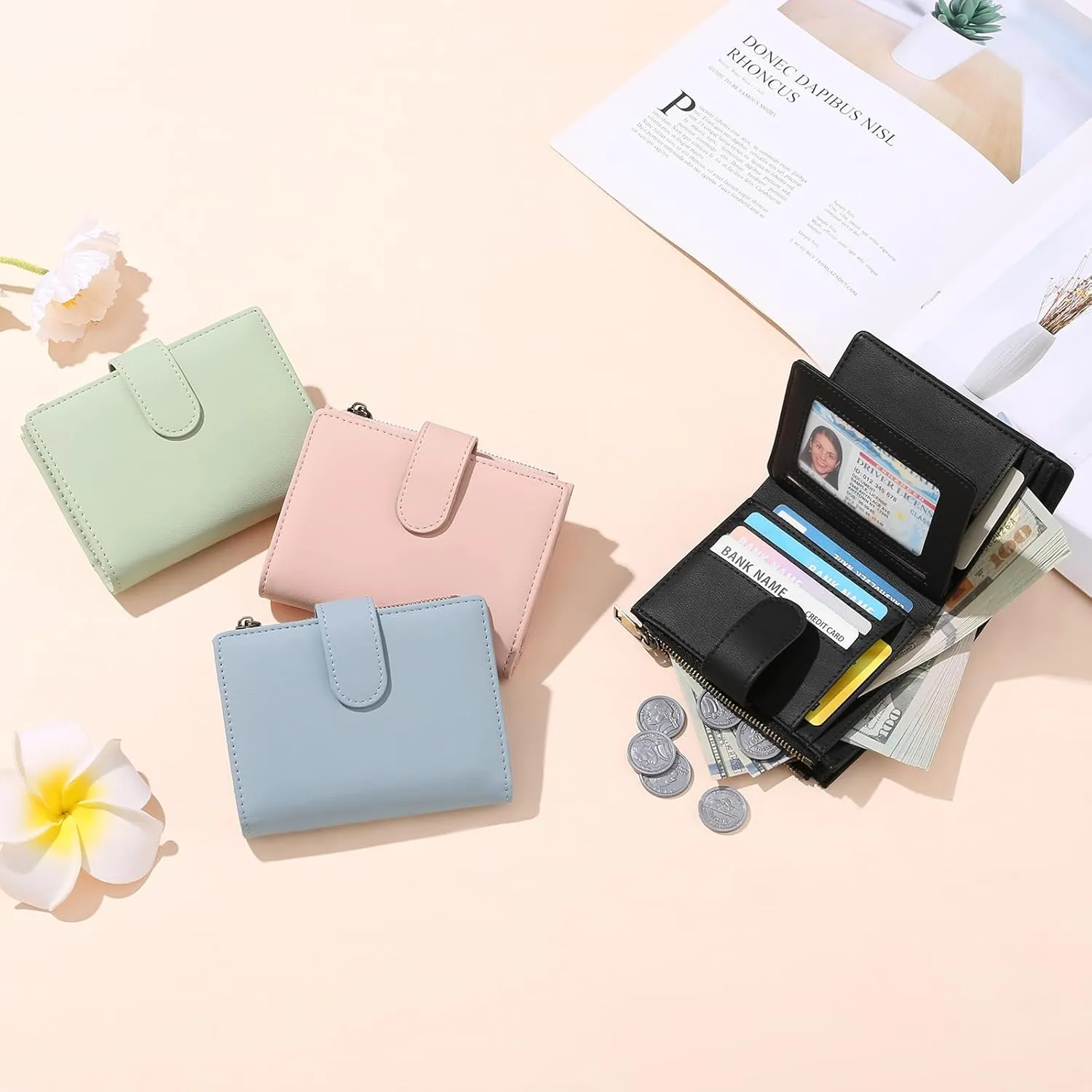GAEKEAO Small Wallets for Women Leather RFID Blocking Bifold Zipper Pocket Wallet Card Case Purse with ID Window