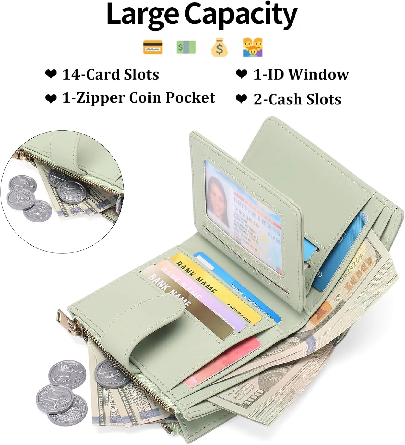 GAEKEAO Small Wallets for Women Leather RFID Blocking Bifold Zipper Pocket Wallet Card Case Purse with ID Window