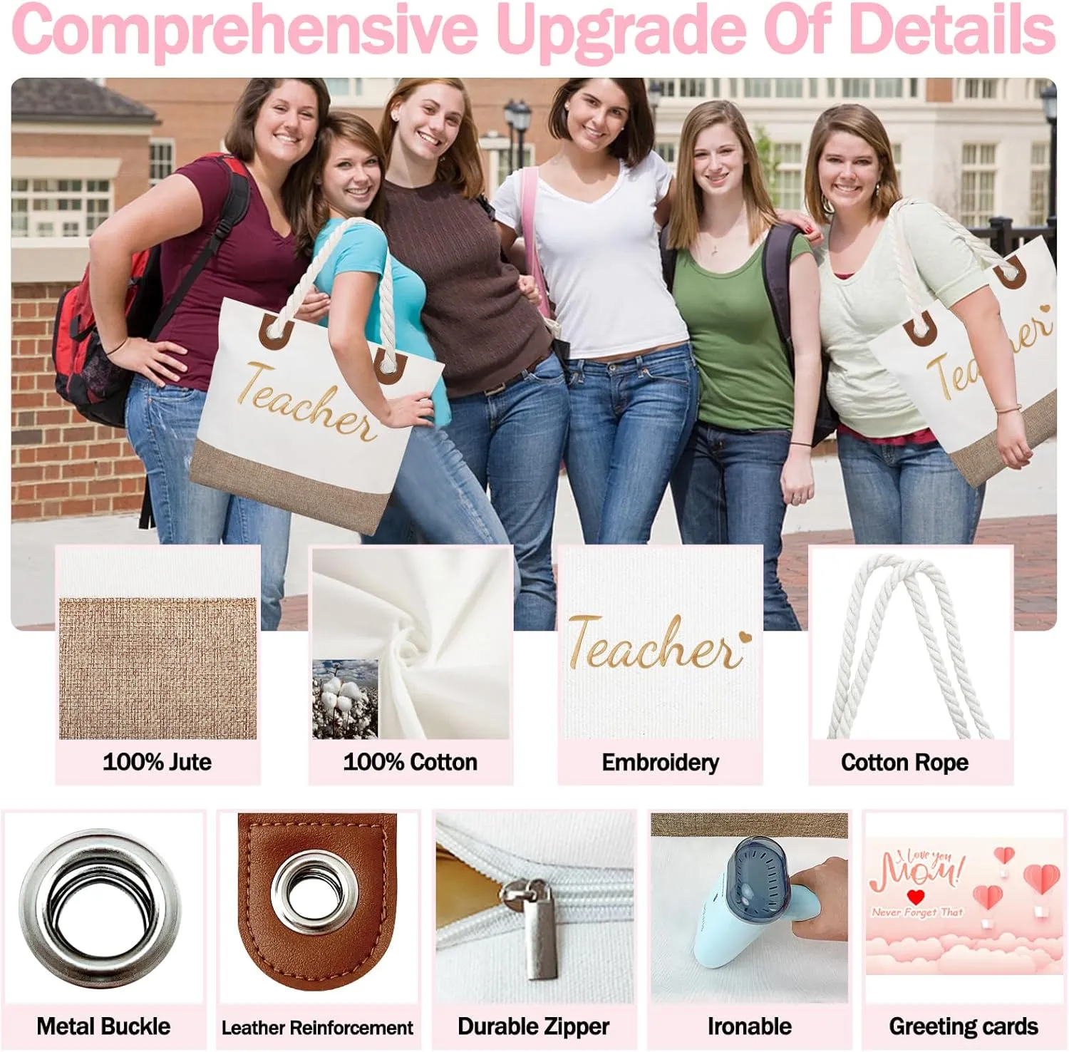 GhvyenntteS Teacher Appreciation Gifts - Teacher Bag, Embroidery Teacher Tote Bag with Zipper, Personalized Beach Bag - Perfect for Teachers' Day, Graduation, Birthday Gifts
