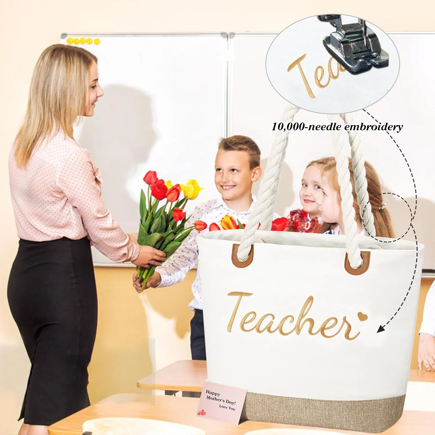 GhvyenntteS Teacher Appreciation Gifts - Teacher Bag, Embroidery Teacher Tote Bag with Zipper, Personalized Beach Bag - Perfect for Teachers' Day, Graduation, Birthday Gifts