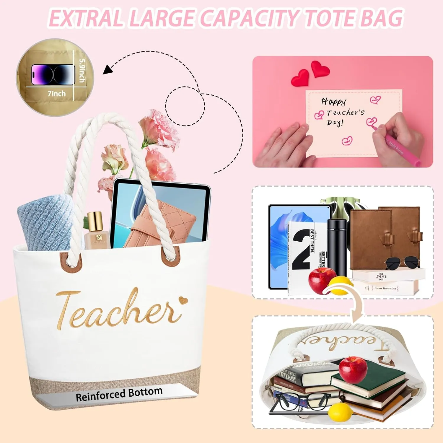 GhvyenntteS Teacher Appreciation Gifts - Teacher Bag, Embroidery Teacher Tote Bag with Zipper, Personalized Beach Bag - Perfect for Teachers' Day, Graduation, Birthday Gifts