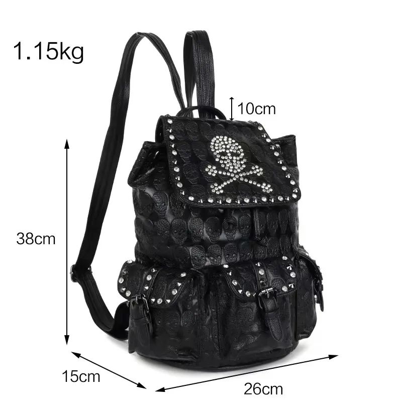 Gothic Multi-pockets Studded Backpack / Fashion Skull Pattern Black Rucksack