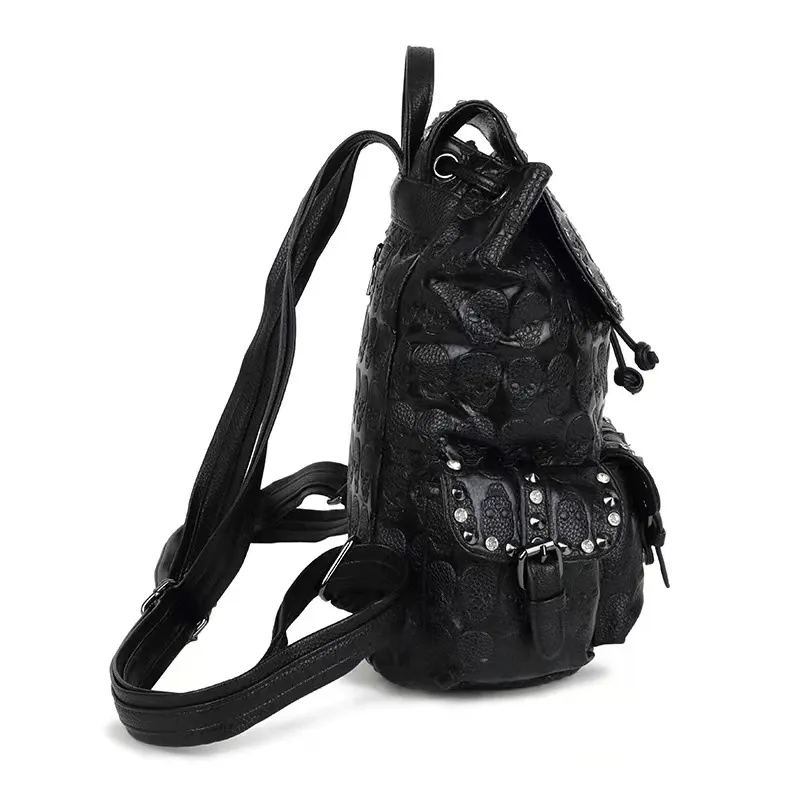 Gothic Multi-pockets Studded Backpack / Fashion Skull Pattern Black Rucksack