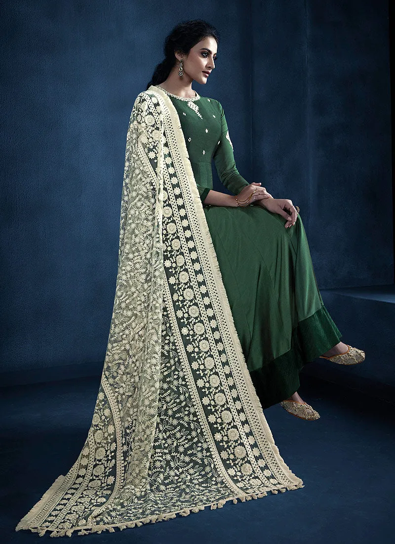 Green And Beige Lucknowi Anarkali Suit