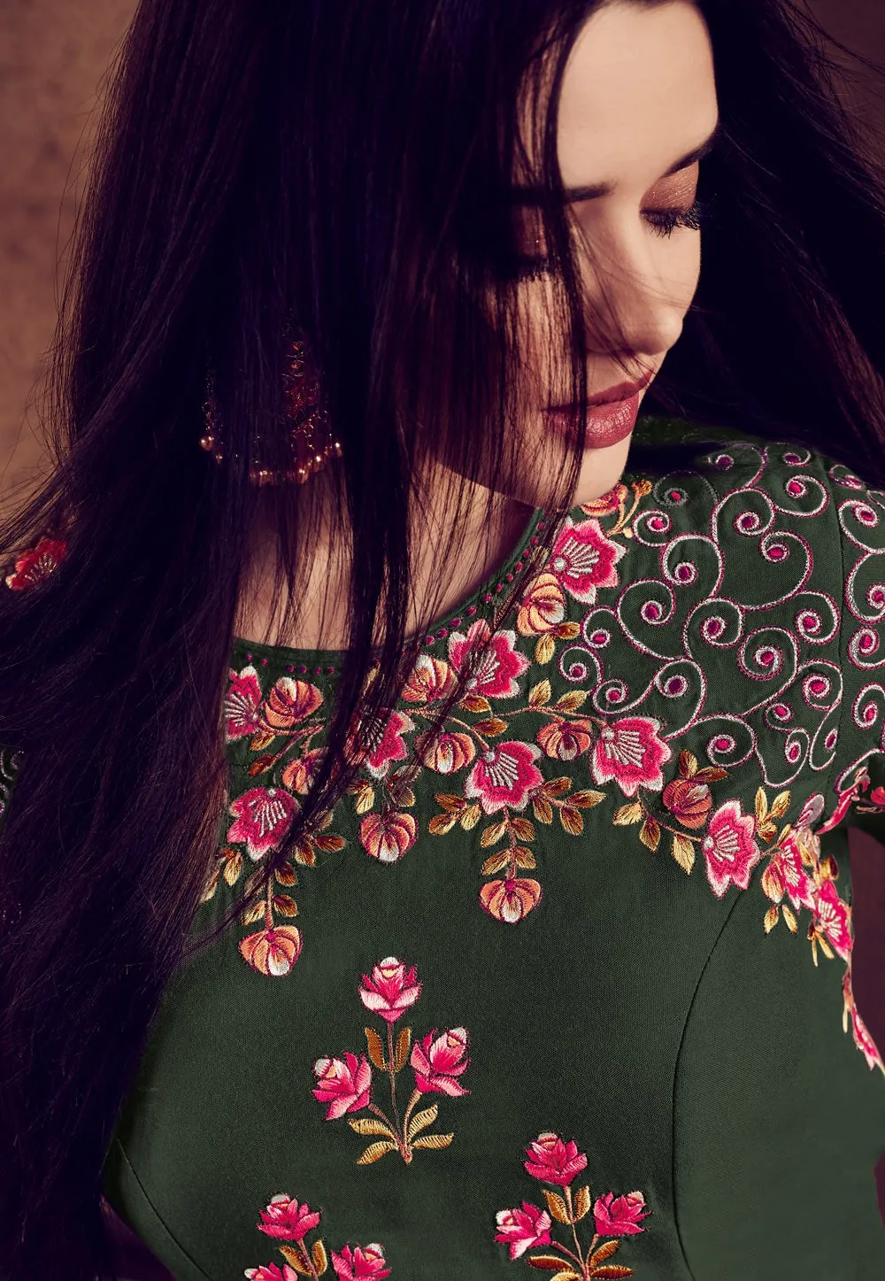 Green And Pink Embellished Anarkali Suit