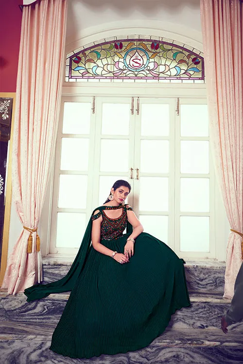 Green Georgette Embroidered Gown with Stylish Dupatta Collection