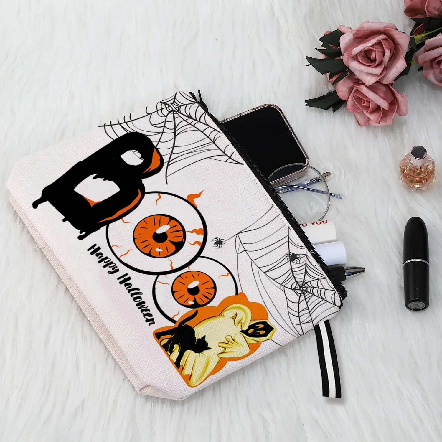 Happy Halloween Cosmetic Bag Funny Ghost Boo Makeup Bag for Women Halloween Theme Makeup Pouch for Women Waterproof Toiletry Organizer with Zipper Travel Toiletry Portable Makeup Bag for Ladies