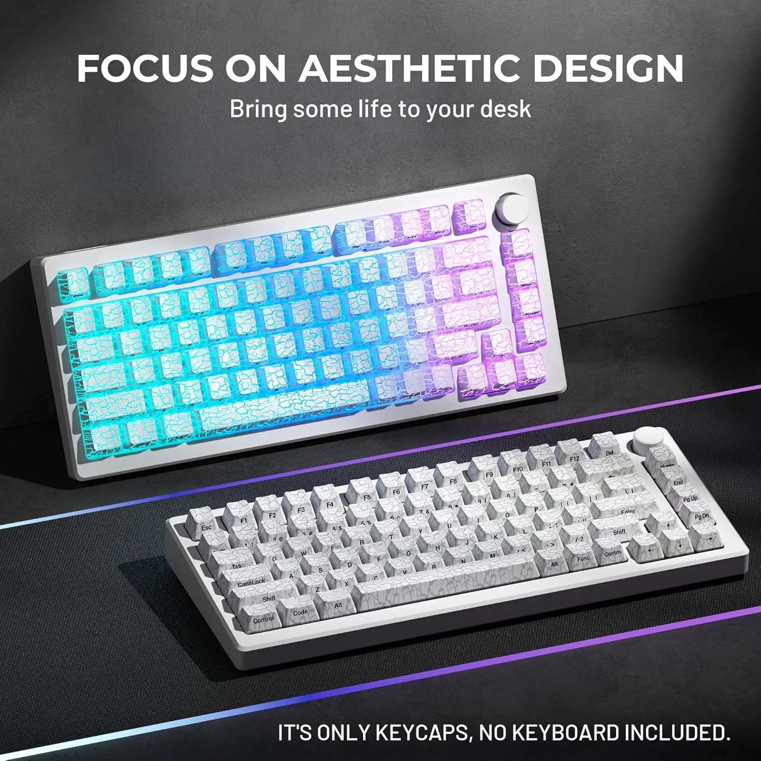 HITIME XVX Shine Through Keycaps w/IMD Tech, Custom Ice Crack Keycaps 60 75 100 Percent, White Key Cap Set 118 Keys Lines Backlit, OEM Profile Side Printed for Keyboards