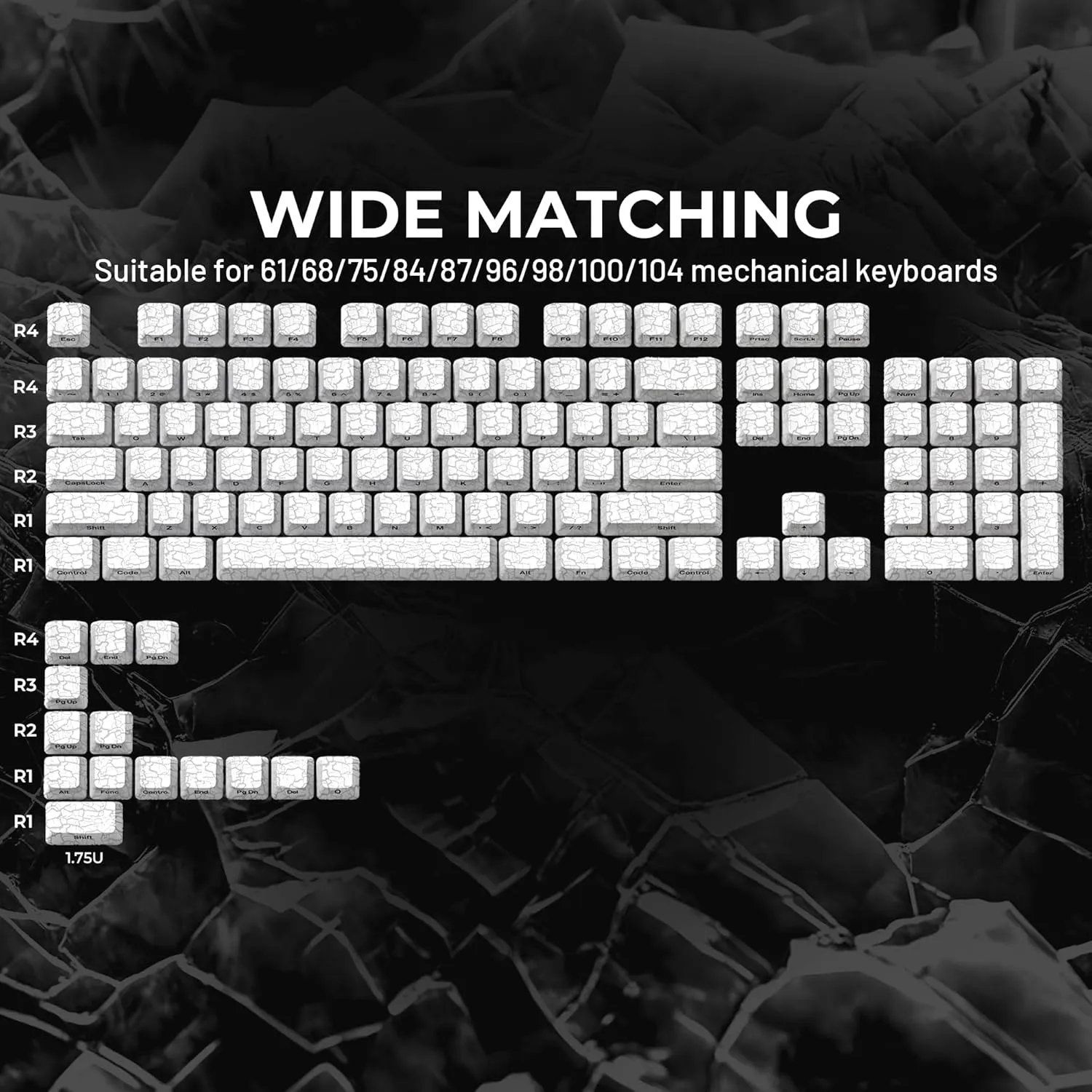 HITIME XVX Shine Through Keycaps w/IMD Tech, Custom Ice Crack Keycaps 60 75 100 Percent, White Key Cap Set 118 Keys Lines Backlit, OEM Profile Side Printed for Keyboards