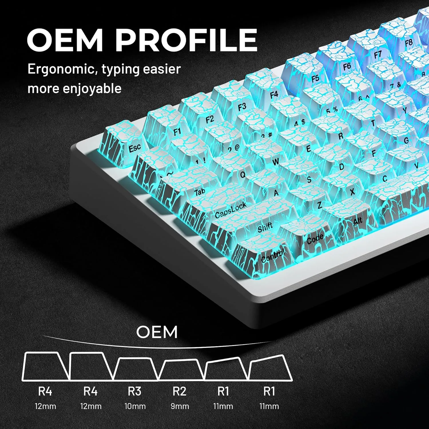 HITIME XVX Shine Through Keycaps w/IMD Tech, Custom Ice Crack Keycaps 60 75 100 Percent, White Key Cap Set 118 Keys Lines Backlit, OEM Profile Side Printed for Keyboards