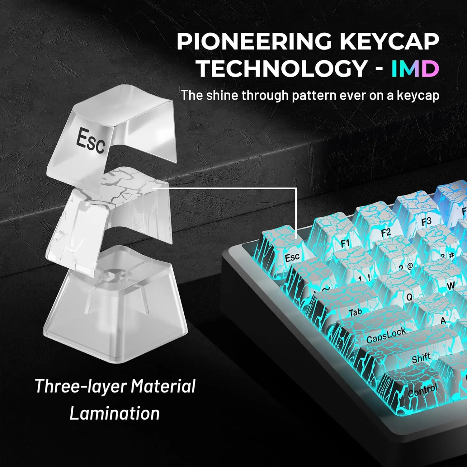 HITIME XVX Shine Through Keycaps w/IMD Tech, Custom Ice Crack Keycaps 60 75 100 Percent, White Key Cap Set 118 Keys Lines Backlit, OEM Profile Side Printed for Keyboards